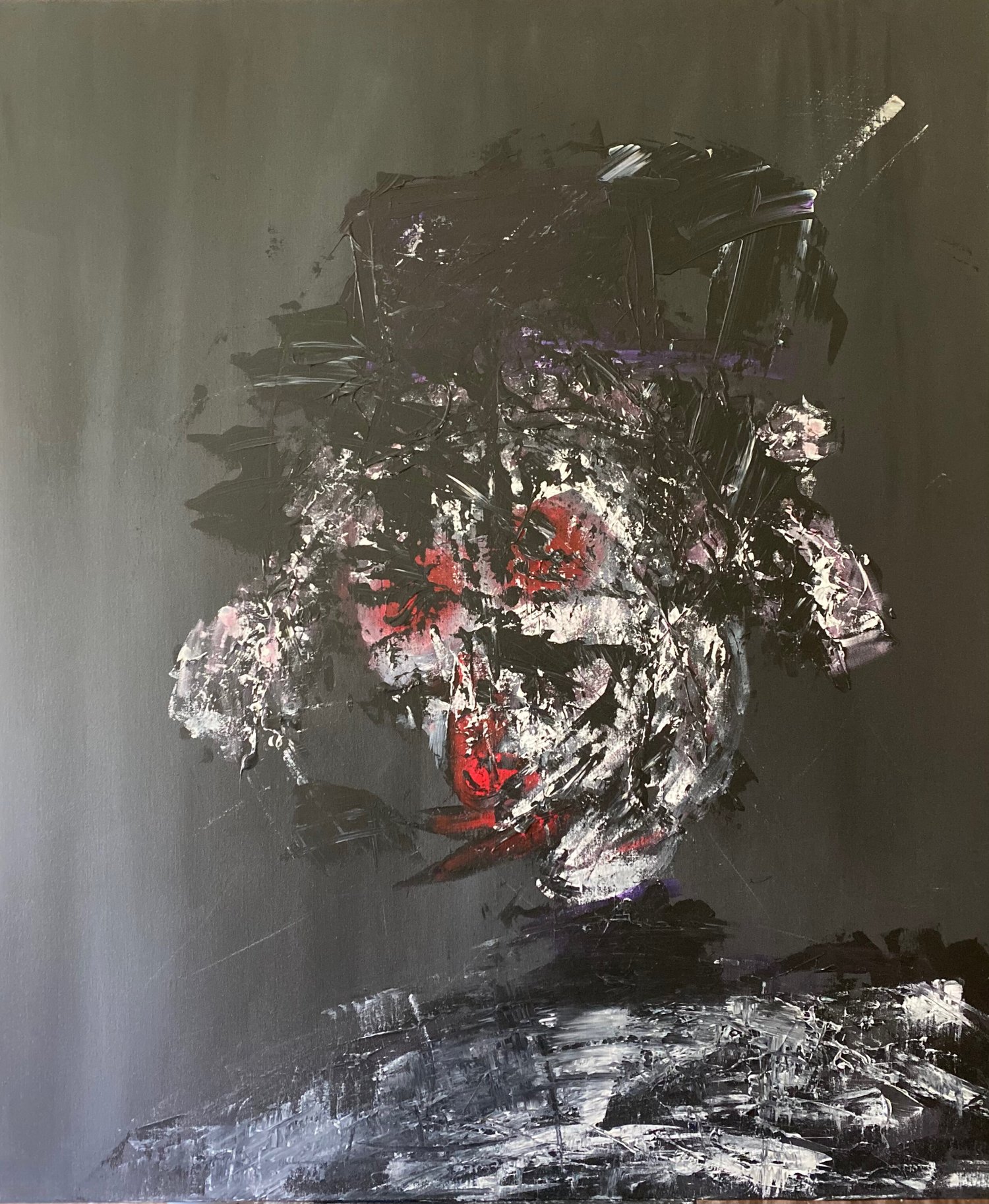 Observe Without Judgement by Mark Brightman, an expressive portrait formed from gestural black, white, red and violet paint
