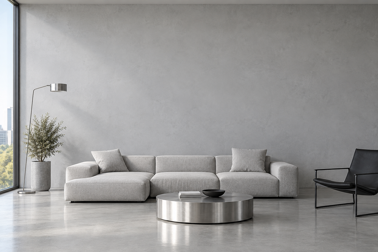 Illustrative modern apartment with cool grey walls, a low grey sofa and contemporary furniture
